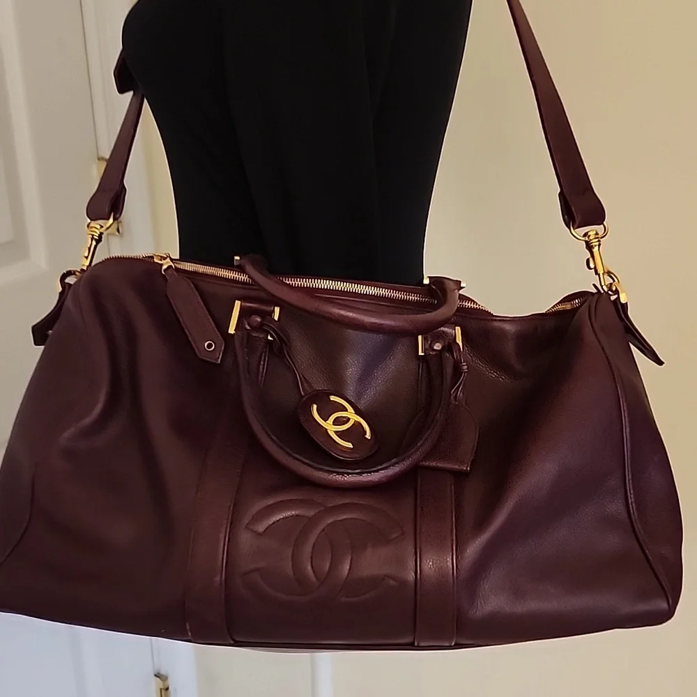 Rare! Chanel CC Caviar Leather Duffel Travel Gym Bag Burgundy ENTRUPY COA - Picture 16 of 16